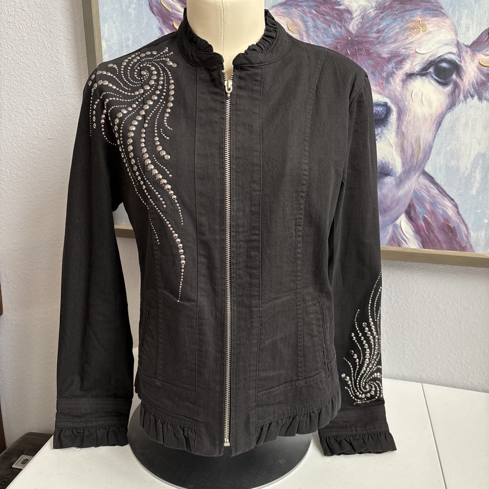 Christine Alexander Women's S Black Studded Rhinestone Ruffle Full Zip Jacket